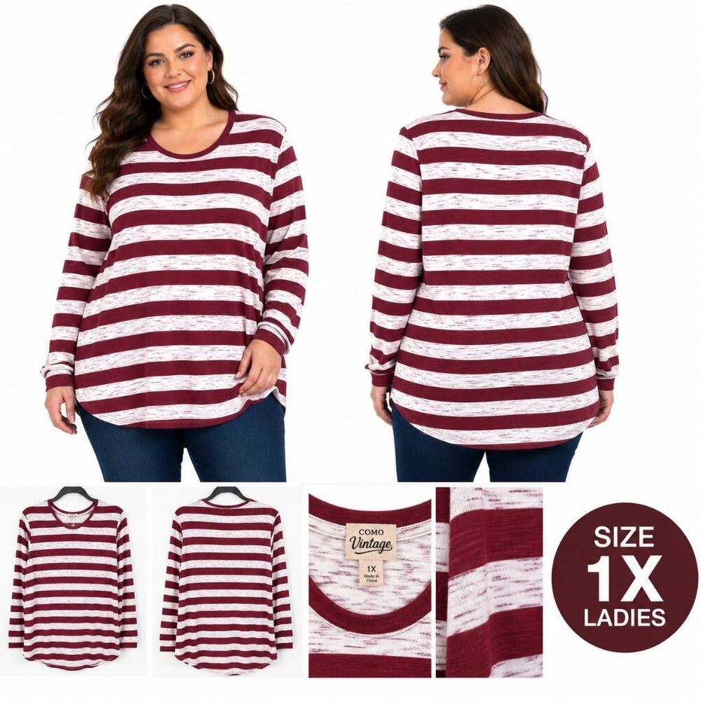 Como Vintage Perfect Tee Size 1x Plus Burgundy/White Stripe LS Shirt
